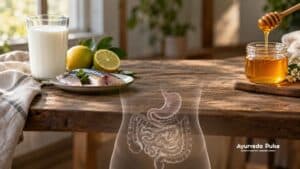 Milk, citrus and raw fish arranged on one side of a rustic wooden table, contrasted with honey on the other, with a subtle anatomical digestive system overlay.