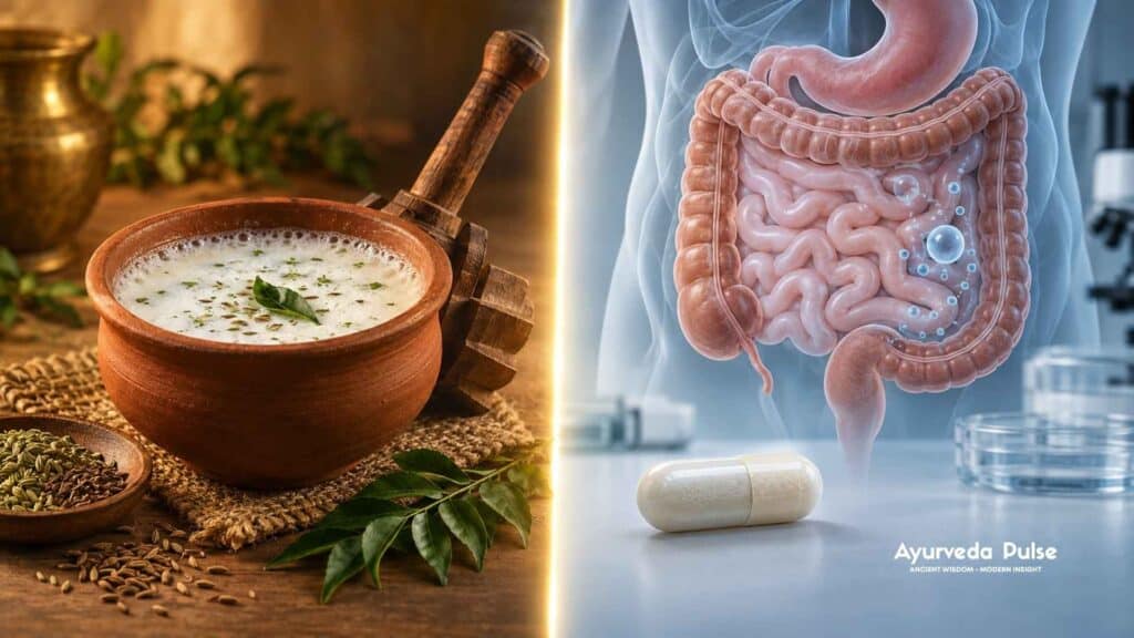 Split editorial illustration showing Ayurvedic buttermilk (Takra) with traditional herbs and a wooden churner on the left, contrasted with a probiotic capsule and anatomical digestive tract illustration on the right.