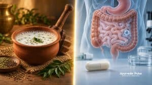 Split editorial illustration showing Ayurvedic buttermilk (Takra) with traditional herbs and a wooden churner on the left, contrasted with a probiotic capsule and anatomical digestive tract illustration on the right.